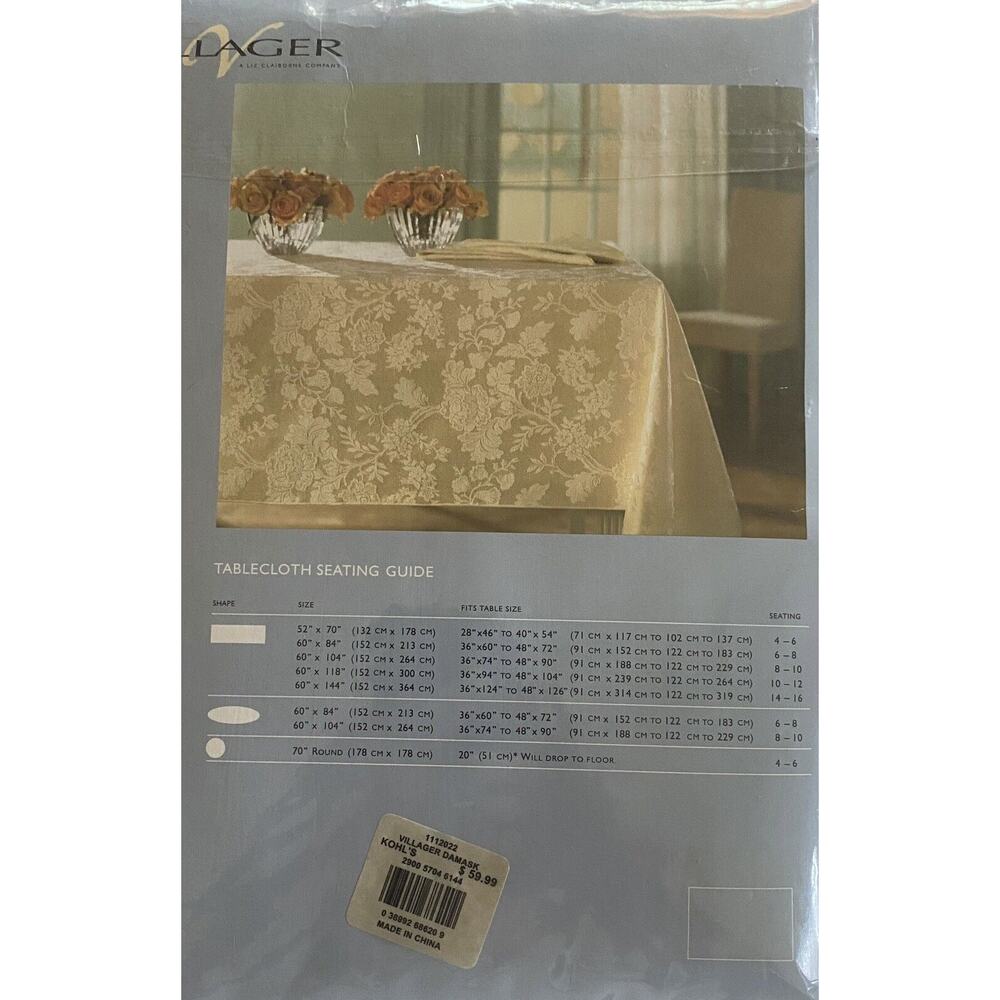 Liz Claiborne Villager Rectangle 60” X 144” Elegant Gold Damask Tablecloth NIP - Picture 8 of 11